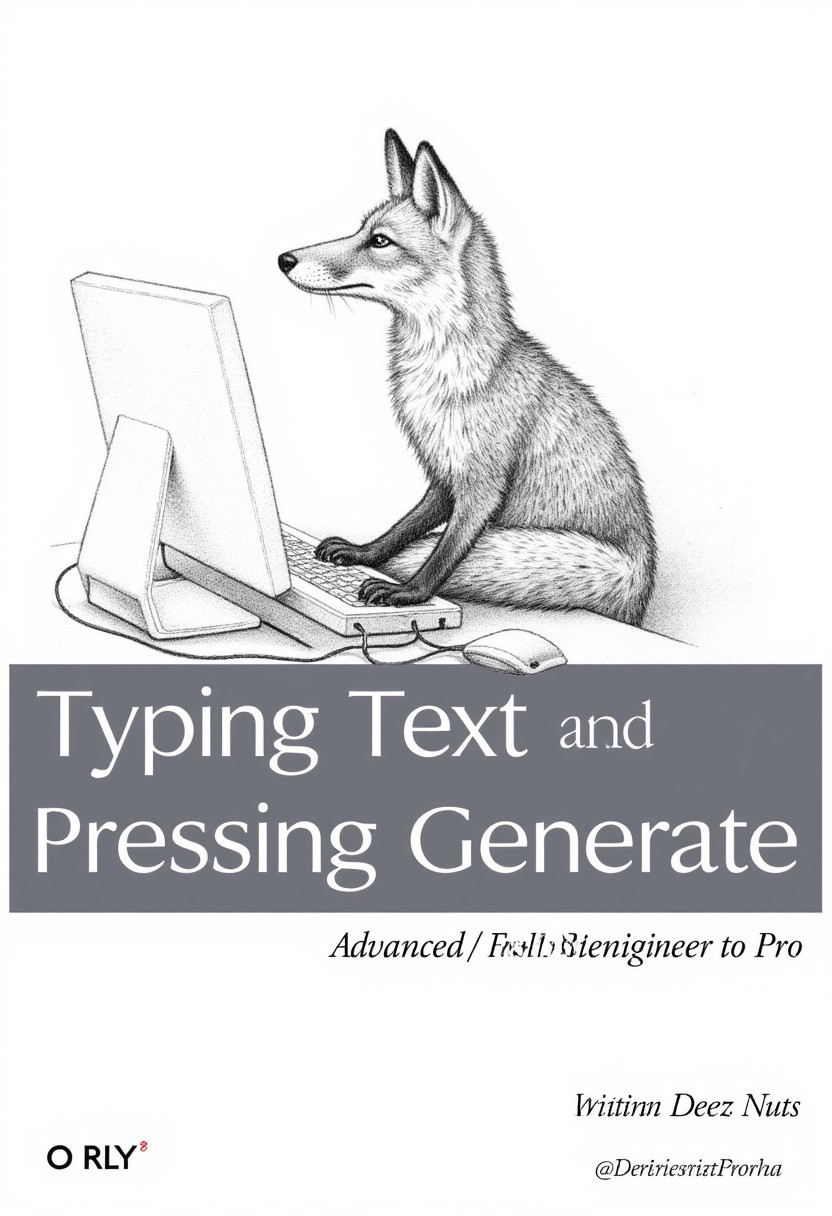 The image is a digital drawing of a fox typing on a computer keyboard, rendered in grayscale pencil strokes, with subtle shading and texture details that give the drawing a realistic look, on a plain white background. A grey rectangle spans the middle of the image, containing the word "Typing Text and Pressing Generate" in bold, capitalized white text. The word "Advanced" is written above the bar in smaller, bold text. Below the grey rectangle, the phrase "From Beginner to Pro" is written. Below that is the author's name "Deez Nuts"