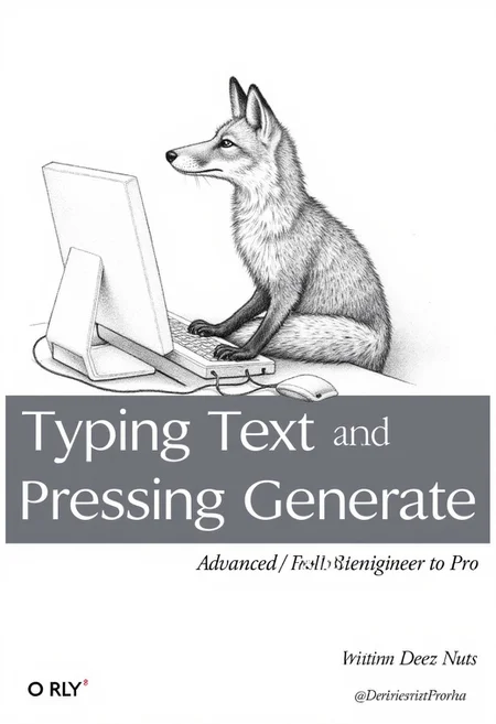 The image is a digital drawing of a fox typing on a computer keyboard, rendered in grayscale pencil strokes, with subtle shading and texture details that give the drawing a realistic look, on a plain white background. A grey rectangle spans the middle of the image, containing the word "Typing Text and Pressing Generate" in bold, capitalized white text. The word "Advanced" is written above the bar in smaller, bold text. Below the grey rectangle, the phrase "From Beginner to Pro" is written. Below that is the author's name "Deez Nuts"