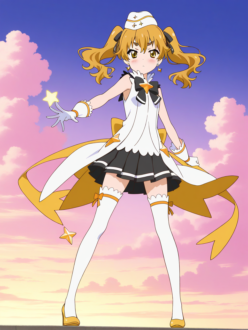 general,highres, ultra-detailed,very aesthetic,best quality ,best hands,  BREAK  <lora:Hikaru_Houkago_no_Pleiades_IS:1> Hikaru(Pleiades), 1girl,solo, twintails, blonde hair, yellow eyes,long hair, hair ribbon, black bow,
thick eyebrows, anime coloring,
gloves, thighhighs, hat, skirt, looking at viewer, white gloves, jewelry, earrings, high heels, white thighhighs, star (symbol), 
full body, bow, blush, yellow footwear, Yellow ribbon, pleated skirt, standing, magical girl, sleeveless, 
sky, cloud,