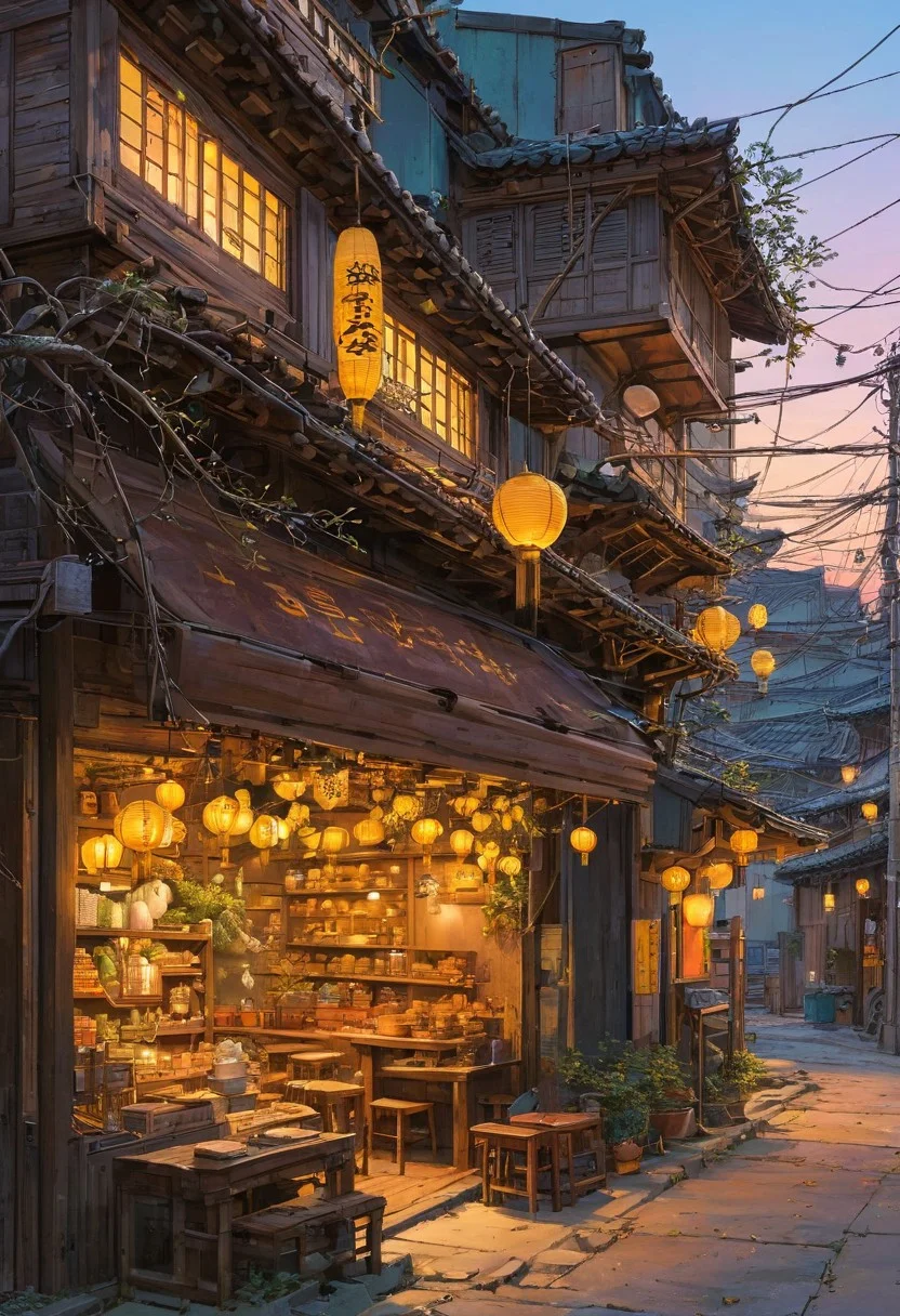 A cozy, small traditional Korean shop illuminated warmly at dusk, surrounded by a large, intricate tree with branches sprawling across the scene. The shop has wooden panels and shelves filled with various goods, and a soft yellow glow emanates from its windows and lanterns. Outside, there are a few stools and tables under the tree, scattered leaves, and soft lighting creating a serene and nostalgic atmosphere. Overhead, electrical wires crisscross the sky, adding depth and realism. The environment is peaceful, with a blend of natural and urban elements harmonizing beautifully.. (anime, cyberpunk, Moebius (Jean Giraud) Style page), (high contrast:1.1)