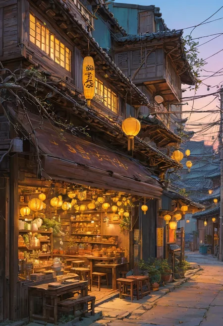 A cozy, small traditional Korean shop illuminated warmly at dusk, surrounded by a large, intricate tree with branches sprawling across the scene. The shop has wooden panels and shelves filled with various goods, and a soft yellow glow emanates from its windows and lanterns. Outside, there are a few stools and tables under the tree, scattered leaves, and soft lighting creating a serene and nostalgic atmosphere. Overhead, electrical wires crisscross the sky, adding depth and realism. The environment is peaceful, with a blend of natural and urban elements harmonizing beautifully.. (anime, cyberpunk, Moebius (Jean Giraud) Style page), (high contrast:1.1)