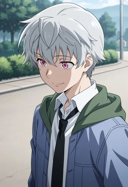 masterpiece,best quality,amazing quality, source_anime,
aruakise, 1boy, male focus, solo, pink eyes, grey hair, shirt, white shirt, collared shirt, black necktie, jacket, blue jacket, green hood, open jacket, smile, outdoor,