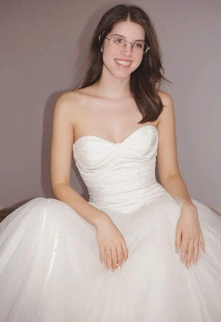 realistic photo of Beautiful young woman, perfect medium perky natural breasts, 2009 style, low rise, low contrast style, 8mm film, analog photography style, long brown hair, sharp facial features,thick nerdy glasses, pale white skin, , influencer, brown eyes, no makeup, instagram, detailed skin texture, detailed eyes, detailed face, slim, (small waist, wide hips, thick thighs:1.2), (sexy wedding gown with pink highlights:1.3), happy, smiling, juicy ass,