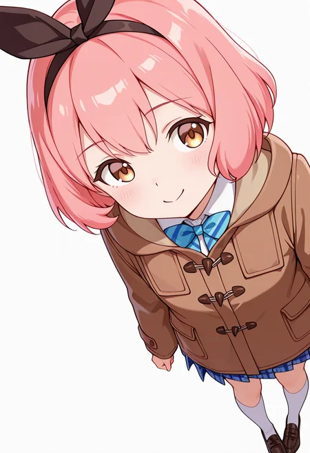 masterpiece,high quality details,absurdres, 
 <lora:Koshiba_Mai:0.8>
mar_cnr, 1girl, pink hair, short hair, bangs, brown eyes,black hairband,
mai_s2, plaid skirt, pleated skirt, blue skirt, white shirt,brown coat, bowtie, white kneehighs, loafers,, simple background, white background, dutch angle,solo,, c:,