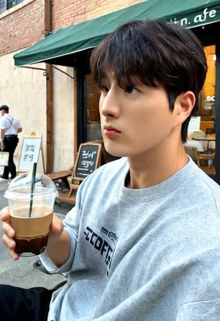 <lora:AsianGuy:1>, AsianGuy, (nodaeng:1.5),  masterpiece, ultra-HD, cinematic lighting, photorealistic, (impressionism:1.5), high detail, depth of field, (blurred background), (dramatic lighting),masterpiece, best quality, very aesthetic,8k,masterpiece, best quality, realistic, masterpiece, best quality, 8k,
, simple_background, short hair, asian boy, handsome man, korean man, extacy on face,, male focus, (best quality, 8K, high resolution, extreme detail, outstanding composition:1.4), (an 18 year old young man at a cafe sipping his coffee), very aesthetic, solo, ((insanely handsome boy)), ((detailed face))), (((perfect detailed handsome jock face))), BREAK cute, intimate, blue eyes, dark brown hair, crew cut hair, preppy outfit, white t-shirt, black pants, sitting, drinking coffee, holding cup, BREAK portrait, Ultra detailed, insanely detailed, beautiful, masterpiece, highly detailed, calm, somber, early morning, sun rays, outdoors, cafe, people in the background, street, New York, Little Italy, Bronx, 1950's Technicolor style, Classic Film Noir style