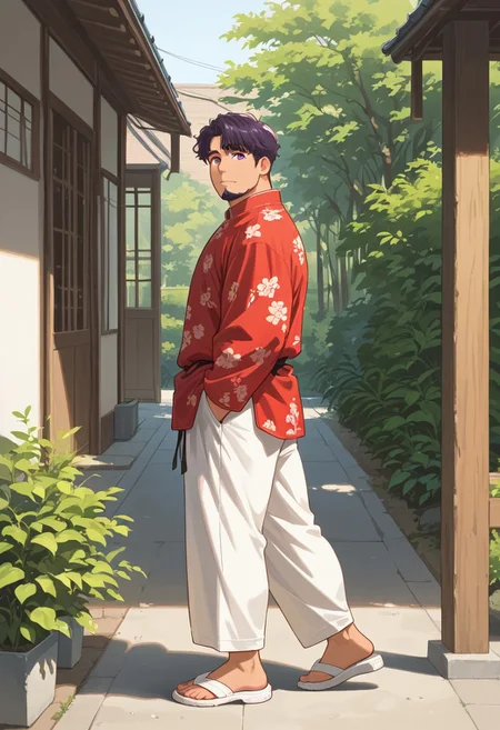 masterpiece, best quality, absurdres, newest, perfect quality, best quality, absolutely eye-catching, detailed background, intricate details, bara, mbti_intj, 1boy, solo, mature man, muscle man, black wavy hair, short hair, long goatee, purple eyes, red traditional chinese shirt, long sleeve shirt, white pants, white rubber sandals, warm natural lighting, lively and bustling atmosphere, background details visible, outdoor, at house, garden, sunny day