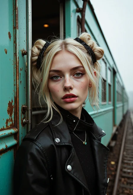 Lifestyle eye-level photo capturing the spirit of skinny belgian female, 26yo, with intense emerald green round eyes and round lips with a flirty attitude. She has short blonde space-buns hair and emo makeup featuring shades of crimson and bold eyeshadow with glossy lipstick, , together with a collar necklace as well as stud earrings. Set on the side of a vintage pastel cyan train car with metal exterior, on a misty dark clear winter midnight. With soft front-lighting, bloom, dynamic angle <lora:flux_skinny_slider>