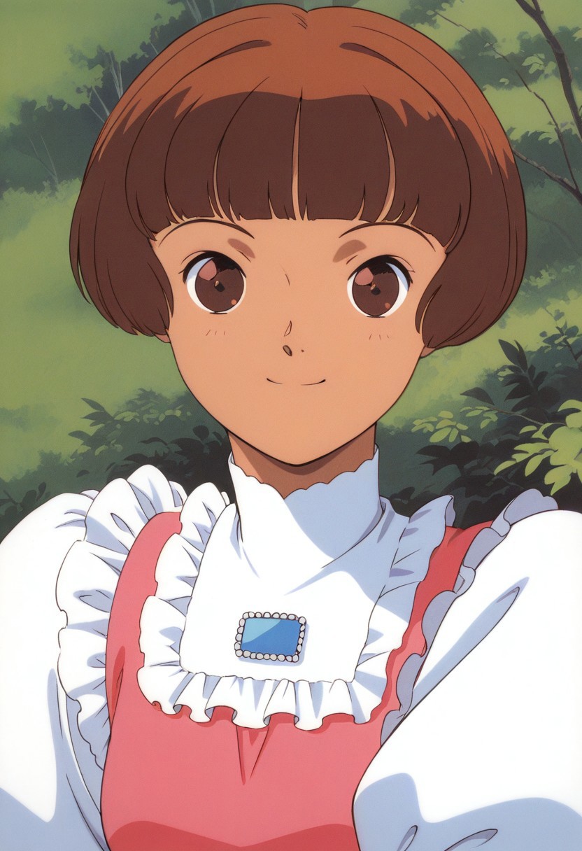 score_9, score_8_up, score_7_up, source_anime,masterpiece, best quality, retro_artstyle, 1990s_\(style\),official art,perfect_anatomy,1girl,Sochie,brown_eyes,brown_hair,short_hair,blunt_bangs,bob_cut,frills,puffy_sleeves,looking at viewer,(detailed face and eyes,happy,smile),(upper body),close to viewer,outdoor,wood