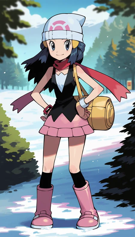 score_9,score_8_up,score_7_up,
highres,highly detailed,
<lora:hikaridawn:0.8>,
hikaridawn,
1girl,solo,navy blue hair,long hair,dark blue eyes,looking at viewer,smile,white beanie,yellow hair clips,black vest,pink miniskirt,white blouse underneath,red scarf,yellow bracelet,wristwatch,yellow shoulder bag,black kneehighs,full body,standing,right hand on hip,
blurry background,vignetting,outdoors,spring,light particles,landscape,snow-capped peaks,green hills,scattered trees,