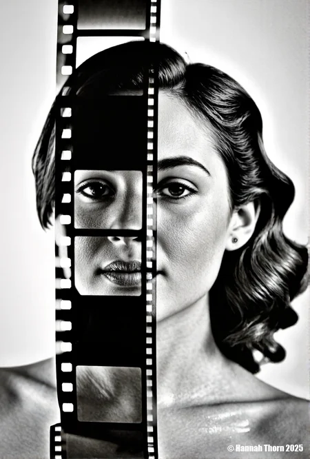 A realistic black and white photograph of a young beautiful brunette woman standing on a city street, wearing a black v-neck dress, with short curly hair, holding a cigarette in her hand, looking up at the sky, with tall buildings in the background, cars driving on the street, street signs on the buildings, daytime, medium shot, detailed face, realistic skin texture, film grain, high resolution, natural lighting, dramatic shadows, shot with a Leica camera, 50mm lens, f/2.8 aperture, 1/250 shutter speed, ISO 200, shot on Kodak Tri-X 400 film., <lora:_Flux\_Photographer\Helmut_Newton-000001.safetensors:0.8300000000000002:0.8300000000000002> <lora:_Flux\_Skin_Appearance\detailifier_flux-000006.safetensors:0.8300000000000002:0.8300000000000002> <lora:_Flux\_Skin_Appearance\Old_Beauty.safetensors:0.7500000000000001:0.7500000000000001>, A stunning black and white portrait of a young woman, her face partially obscured by a strip of 35mm film. The film runs vertically, bisecting her face, with the individual frames visible and adding an intriguing layer to the composition. Her expression is serene, eyes gazing slightly off-camera, framed by dark, wavy hair. The lighting is soft and diffused, creating subtle shadows that accentuate her features. The background is a soft, out-of-focus white, drawing attention to the subject. The overall mood is artistic and contemplative, evoking a sense of classic Hollywood glamour. The image is reminiscent of vintage photography, with a timeless quality. The contrast between the smooth skin and the textured film adds visual interest. The composition is simple yet effective, creating a captivating and memorable image., <lora:_Flux\_Photographer\Helmut_Newton-000001.safetensors:0.8300000000000002:0.8300000000000002> <lora:_Flux\_Skin_Appearance\detailifier_flux-000006.safetensors:0.8300000000000002:0.8300000000000002> <lora:_Flux\_Skin_Appearance\Old_Beauty.safetensors:0.7500000000000001:0.7500000000000001><lora:_Flux\_Photographer\Helmut_Newton-000001.safetensors:0.8300000000000002:0.8300000000000002> <lora:_Flux\_Skin_Appearance\detailifier_flux-000006.safetensors:0.8300000000000002:0.8300000000000002> <lora:_Flux\_Skin_Appearance\Old_Beauty.safetensors:0.7500000000000001:0.7500000000000001>