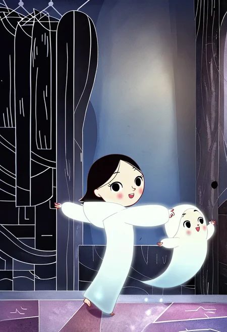 zPDXL3, source_cartoon, Perfect Hands, full body,
1girl, solo, aged down, bedroom, looking at viewer, saoirse, black hair, black eyes, blush, ghost, hood up, robe, barefoot, glowing, dancing on bed, from behind, facing at viewer, feeling cold, eyes open, smile, open mouth, sleeve past wrist, slim body, highlight cloth wrinkle, anime style, kicking, jumping,
<lora:Perfect Hands:1> <lora:Saoirse_-_The_Song_of_the_Sea-000009:1>