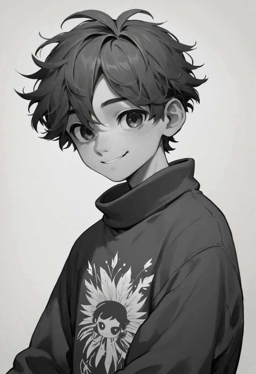 score_9, score_8_up, score_7_up, 1boy, solo, lineart, monochrome, lineart, LineAniAF, young man, short hair, hair strands, cheerful smile, big oversized sweater, black sweater,  masterpiece, best quality <lora:animeoutlineV4_16:1>
