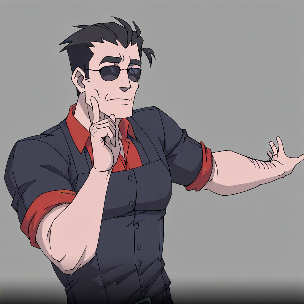 masterpiece, best quality, newest, absurdres, highres, anime, anime style, 1boy, helltaker (helltaker), black hair, short hair, muscular, muscular male, sunglasses, glasses, ONKDDV1.0, dance, finger to cheek, hoshino ruby dance, outstreched arm, pointing at self,