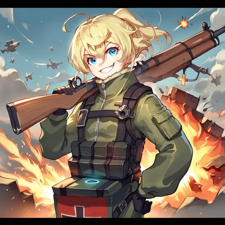 score_9, score_8_up, score_7_up,
TanyaDegurechaff,flyingsuit,1girl, solo, looking at viewer, smile, blue eyes, blonde hair, gloves, holding, hair between eyes, ponytail, weapon, ahoge, outdoors, sky, black gloves, holding weapon, grin, uniform, hand on hip, gun, military, military uniform, cross, fire, letterboxed, holding gun, rifle, over shoulder, explosion, weapon over shoulder,magic box backpack on front with cross and glow
,score_9, source_anime
,<lora:TanyaPonyV2:0.8>