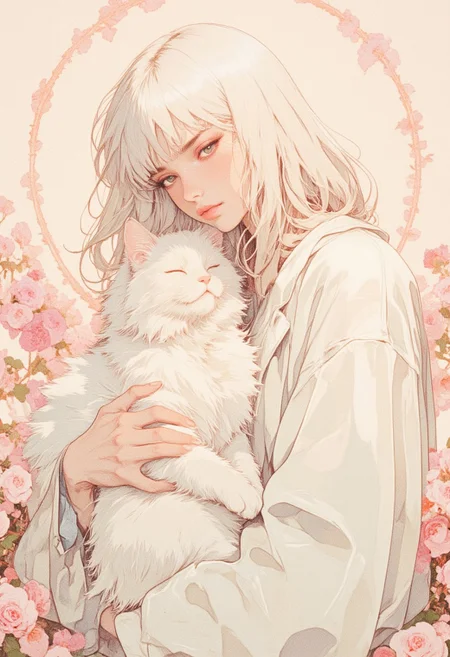 A soft anime-style illustration of a girl with flowing light hair holding a fluffy white cat. Both have gentle, expressive green eyes. The scene is lit with a pastel color palette dominated by soft pinks, whites, and creams. The lines are delicate and clean, with a focus on capturing a serene and tender atmosphere
