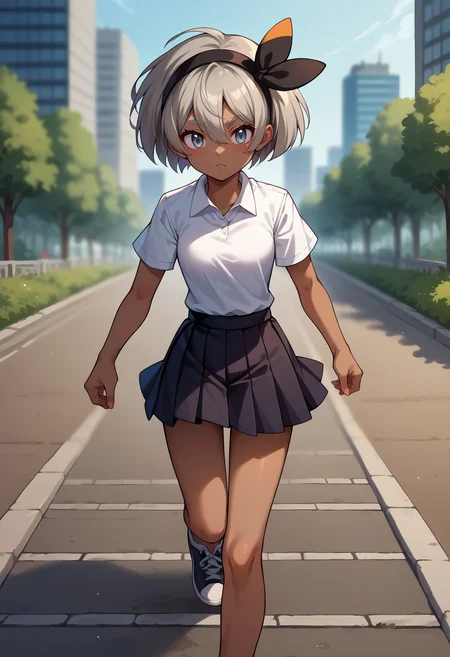 score_9, score_8_up,score_7_up, source_anime, rating_safe, 1girl, solo, <lora:EPpkBea:1>OutfitCas, short hair, grey hair, dark-skinned female, dark skin, hair between eyes, grey eyes, bow hairband, black skirt, pleated skirt, white shirt, collared shirt, short sleeves, running, outside, blurry background, motion lines, sidewalk, skyline,