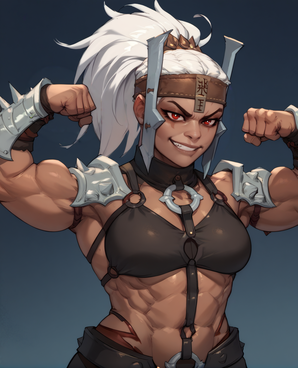 score_9,score_8_up,score_7_up,score_6_up,
ferraxl,white hair,ponytail,red eyes,looking at viewer,smug,
Armor,spikes,guantlets,metal headband,o-ring bikini,flexing, face rope, 
standing,
quarry,night,<lora:ferra:1>,solo,