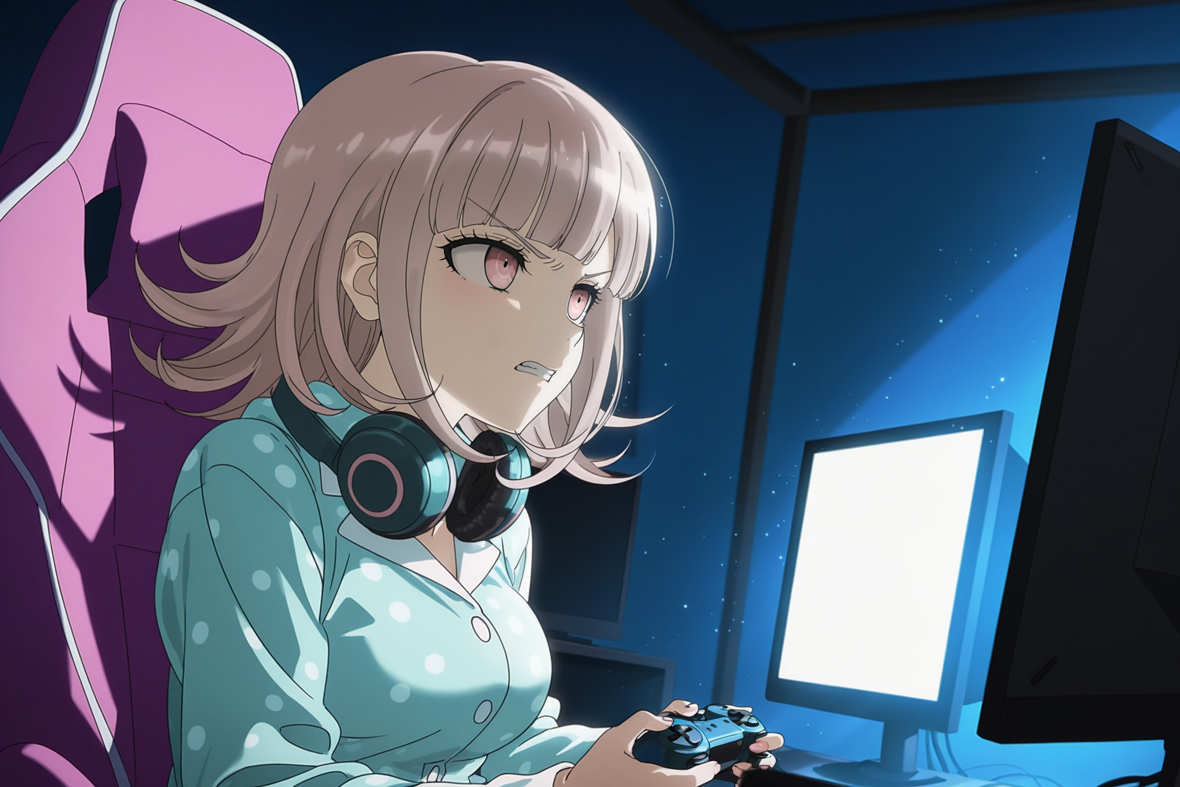 anime screencap, masterpiece, best quality, amazing quality, very aesthetic, absurdres,  newest, (scenery, volumetric lighting),
nanami chiaki, flipped hair, medium hair, light brown hair, pink eyes, bangs, 
pajamas, gaming chair, bedroom, dim lighting, monitor, raging, angry, v-shaped eyebrows, 
dappled sunlight, light particles,  from above, playing games, clenched teeth, headphones around neck, 
 <lora:Chiaki_IL:0.8>