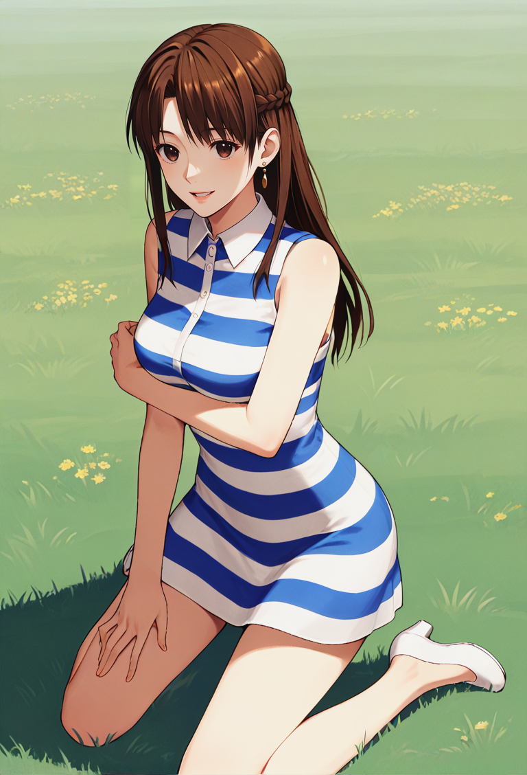 score_9, score_8_up, score_7_up, best quality, intricate details, BREAK 1girl, anime,
<lora:Leifang_Pony_v16:0.9>     earrings, striped dress, collared dress, short dress, white footwear, sleeveless,, half updo, braid, long hair,
brown hair, brown eyes, Kneeling,, parted lips, light smile,
field of wheat
