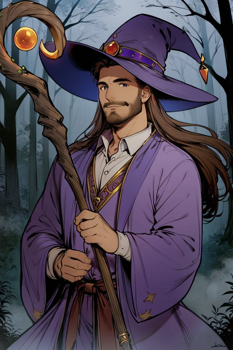 score_9, score_8_up, score_7_up, rating_safe, 1boy, solo, male focus, mature male, wizard, long hair, brown hair, black eyes, looking at viewer, hat, facial hair, beard, mustache, staff, wizard hat, purple hat, shirt, collared shirt, robe, purple robe, cloak, holding, holding staff, upper body, standong, outdoors, forest, nature, tree, fog, dark background <lora:LineArt Mono Style LoRA_Pony XL v6:1>