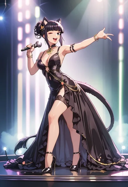 score_9, score_8_up, score_7_up, score_6_up, 
1girl, solo girl, black hair, fringe cut, pontail hairstyle, full body,
medium breast, hour glass figure, milf, milf body
idol dress, black idol dress, 
on stage, holding microphone, looking at viewer, singing, wink, winking
cyberpunk lights, neon signs,