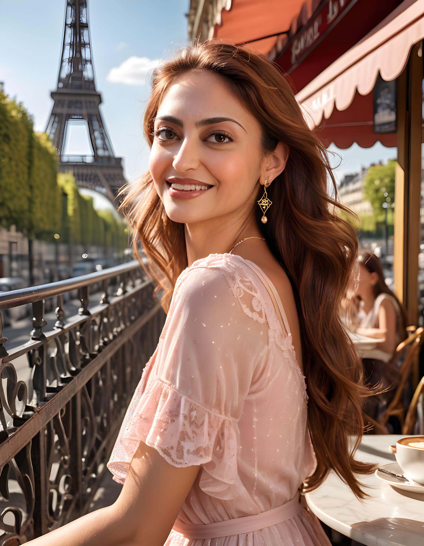 AM832RRB, In a bustling, sunlit Parisian café on a warm summer afternoon, the subject _ a radiant woman with brown hair cascading down her shoulders and hazelnut eyes that sparkle with life _ sits alone at an outdoor table. Her lips are painted a soft pink that complements her infectious smile, and she is adorned with delicate golden earrings that catch the sunlight as they glint off her cheekbones. The camera captures her from a slightly elevated angle, looking directly into the viewer's eyes, her long hair slightly disheveled by the breeze. Behind her, the Eiffel Tower peeks through the café's wrought-iron fence, creating a beautiful backdrop for this captivating portrait of an unforgettable woman.