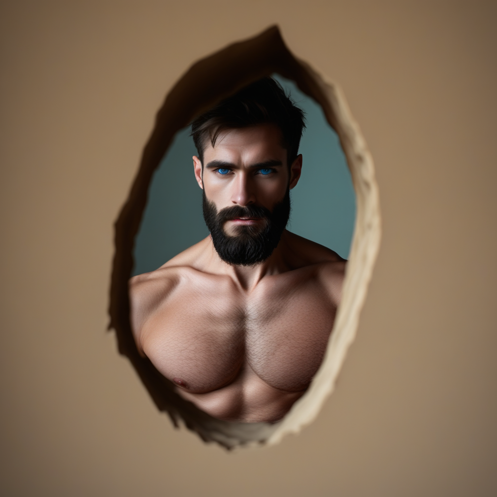 Hole in the wall, nude man, chiseled jawline, beard, blue eyes, looking at viewer