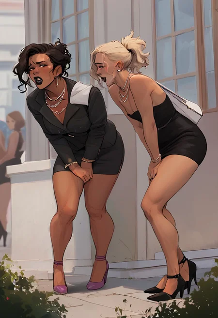 score_9, score_8_up, milf, 2 lesbians on a date, touching her girfriend belly, desperate, on a crowded street, standing in queue to porta-potty, desperation, crossed legs, bent over, holding crotch , toned female, messy ponytail, side locks,multiple women,  bag on shoulder,tight clothing, black short dress, high heels, multiple necklace,feminine face,(source_anime:0.4), (tan skin:1.3), dark lipstick