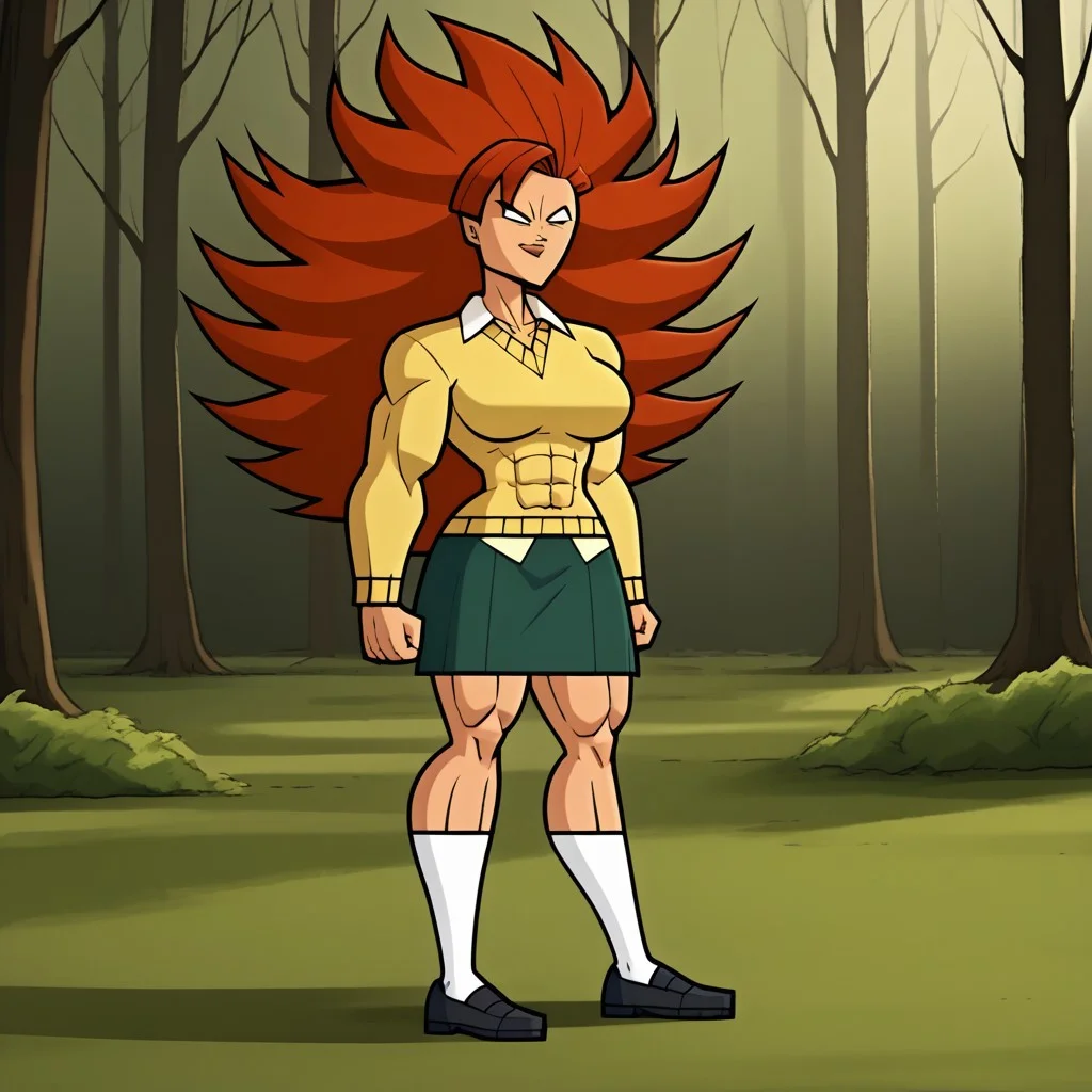 score_9, score_8, BREAK, solo, 1girl, yellow sweater, collared shirt, green skirt, white socks, black footwear, red hair, long hair, spiked hair, blank eyes, no pupils, muscular muscular female, abs, alternate muscle size, tall, big breasts, total drama, Evil_Scarlett_(Total_Drama), tdpi, legendary super saiyan, sexy pose, smile, outdoors, sunlight, shadows, evening lighting, natural lighting, forest, trees, grass, orange sky, sunset