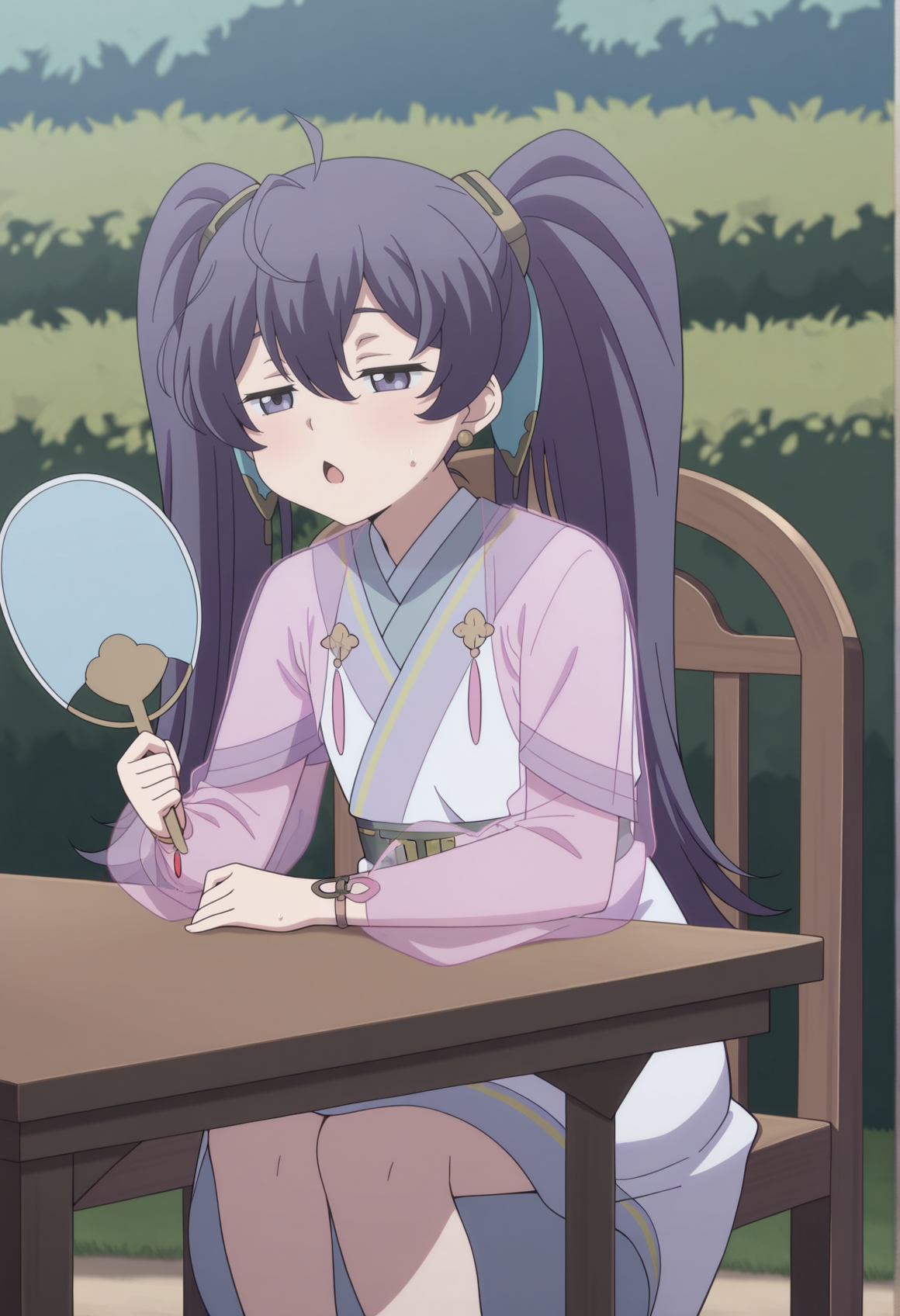 1girl, long hair, purple hair, purple eyes, twintails, chinese clothes, see-through, short dress, jewelry, sitting, chair, table, arm rest, half-closed eyes, chestnut mouth, sweat, outdoors, garden. holding hand fan <lora:imouto_ken_en_ken:1>, masterpiece, best quality, amazing quality, very aesthetic, absurdres, highres, newest