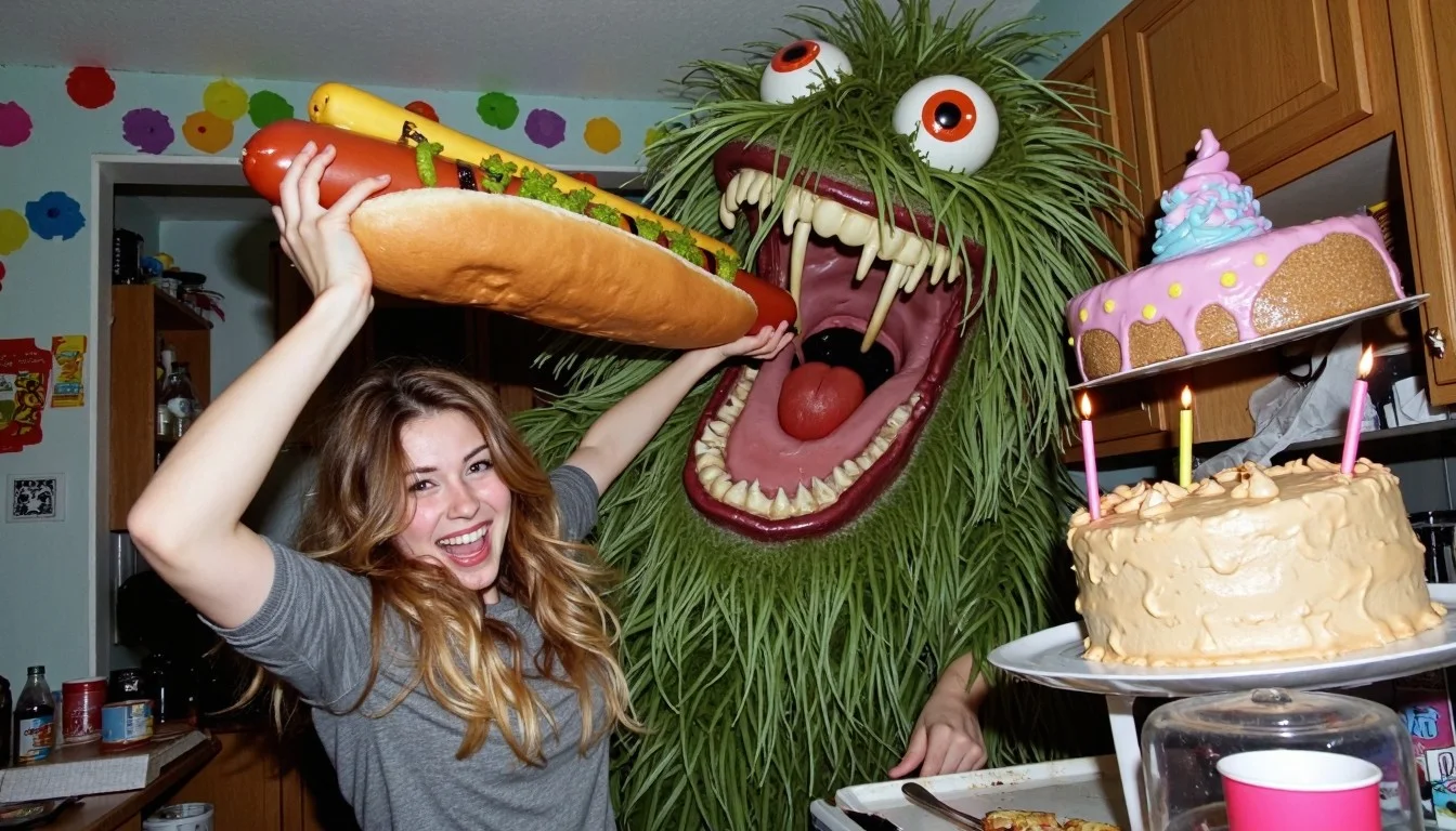 A grainy, slightly blurry Samsung cell phone photo capturing a chaotic, joyful scene in the style of a fun, low-budget ’80s monster movie—a woman with wild, windblown hair grins ear-to-ear as she triumphantly hoists an enormous, cartoonish hotdog high above her head, its mustard and relish glistening under harsh, uneven flash photography. Towering behind her, a massive, shaggy green monster with googly eyes and floppy, moss-like fur leans down eagerly, its mouth wide open mid-chomp, straining to take a bite of the hotdog—a lopsided, dripping birthday cake wobbles precariously on top of its head, adorned with half-melted candles. The background is a cluttered kitchen with neon party decorations taped haphazardly to the walls, disposable cups scattered on the floor, and a splash of soda staining the linoleum—motion blur suggests the photo was taken mid-celebration mishap. The woman’s sleeve is caught mid-flutter as she dodges the monster’s playful grab, her eyes crinkled with laughter, and you can almost hear the shaky audio of someone shouting, "Get the cake away from Steve!" in the background.