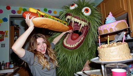 A grainy, slightly blurry Samsung cell phone photo capturing a chaotic, joyful scene in the style of a fun, low-budget ’80s monster movie—a woman with wild, windblown hair grins ear-to-ear as she triumphantly hoists an enormous, cartoonish hotdog high above her head, its mustard and relish glistening under harsh, uneven flash photography. Towering behind her, a massive, shaggy green monster with googly eyes and floppy, moss-like fur leans down eagerly, its mouth wide open mid-chomp, straining to take a bite of the hotdog—a lopsided, dripping birthday cake wobbles precariously on top of its head, adorned with half-melted candles. The background is a cluttered kitchen with neon party decorations taped haphazardly to the walls, disposable cups scattered on the floor, and a splash of soda staining the linoleum—motion blur suggests the photo was taken mid-celebration mishap. The woman’s sleeve is caught mid-flutter as she dodges the monster’s playful grab, her eyes crinkled with laughter, and you can almost hear the shaky audio of someone shouting, "Get the cake away from Steve!" in the background.