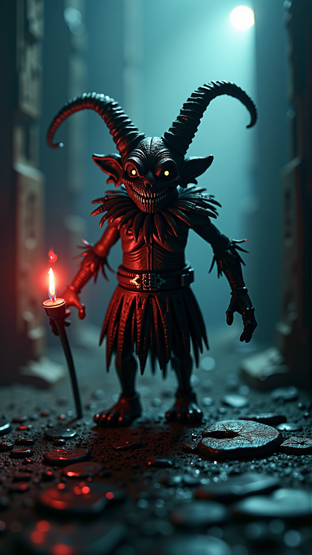 A professionally shot photography of a KrampusStyle Miniature. Dark, atmospheric and moody atmosphere. gruesome, ominous, haunted
<lora:KrampusStyleFlux:__wildcards/numbers/07-09__>