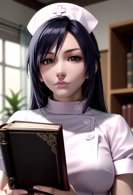 score_9,score_8_up,score_7_up,source_anime, NURSE_(UMEMARO-13),1girl,solo,looking at viewer,closed mouth,upper body,lips,book,realistic,