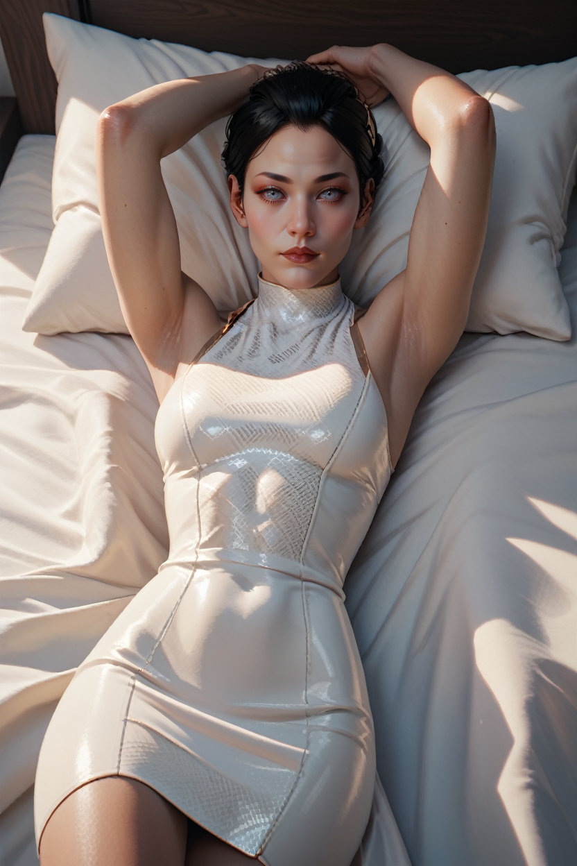 score_9, score_8_up, score_7_up, score_6_up
<lora:CyberHanako:0.8>
CyberHanako, 1girl, black hair, white eyes, looking at viewer, laying back, on bed, arms up