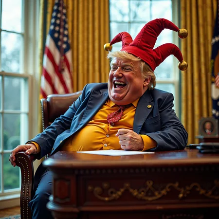 fat jester as president of the USA, sitting on the desk in the oval office, laughing mad, orange skin