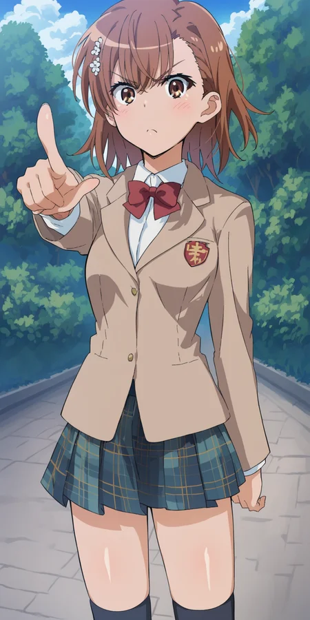 score_9, score_8_up, score_7_up, score_6_up, source_anime, intricate details, mikoto misaka, <lora:Mikoto_Misaka:1>, tokiwadai uniform, plaid skirt, multicolored skirt, hair ornament, blazer, red bow, black socks, brown eyes, brown hair, short hair, looking at viewer, official artstyle, medium breasts, standing, outside, pointing at viewer, angry, frowning