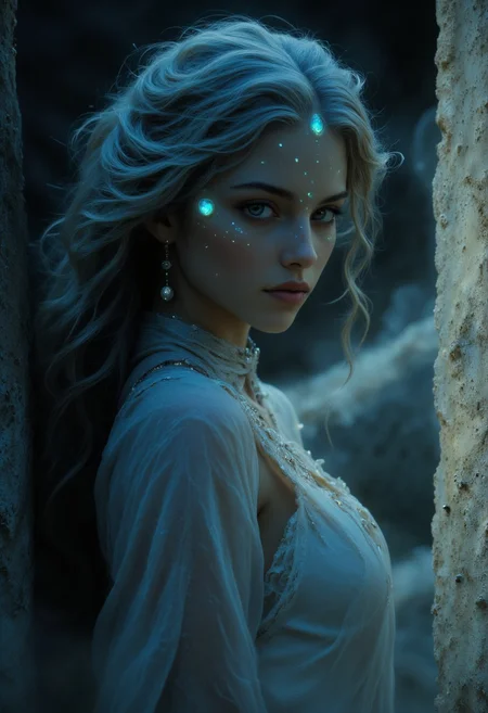 Gorgeous Galactic, Ethereal female figure with luminescent alabaster skin that seems to capture and reflect moonlight like living opal, impossibly large iridescent eyes that shimmer with an otherworldly sapphire glow. Delicate features framed by flowing platinum-white hair that moves like silk in the night breeze. Petite yet graceful form draped in diaphanous robes that blend with the mist. Standing before ancient weathered stone walls, her presence bridges the mortal and spirit realms. Hyperrealistic digital painting, mystical atmosphere, moonlit night, volumetric fog, cinematic lighting.