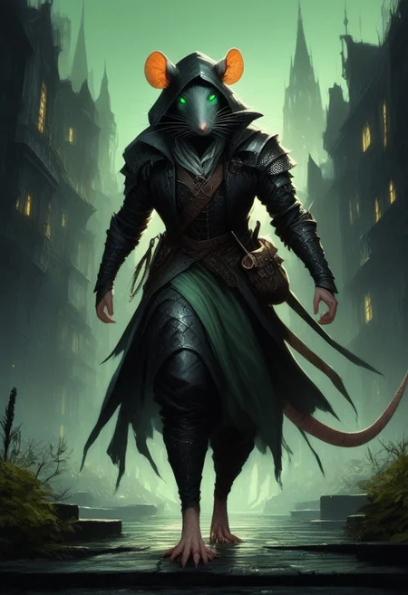 BREAK score_9, score_8_up, score_7_up, victorian city, night, ominous, solo, rat man, black longcoat, wearing goggles, green glow eyes, hood, dynamic pose, leaning forward, fully body shot , leather armour, sneaking, full body shot, (tail: 1.5)
(masterpiece, best quality, ultra detailed, intricate details:1.2), (detailed face:1.1), (rat folk:1.5)