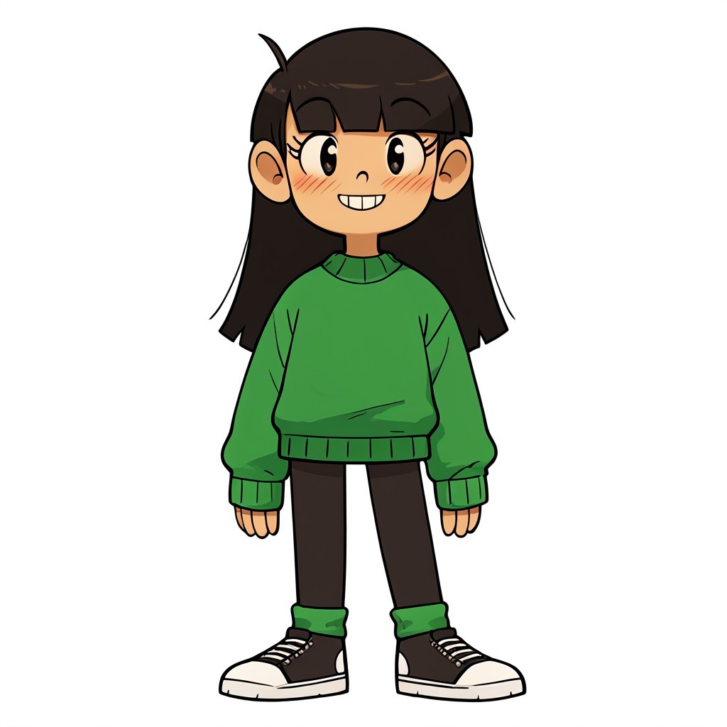 score_9, score_8_up, score_7_up, score_6_up, score_5_up, score_4_up,  perfecteyes, 1 girl, petite, standing, numbuh 3, green sweater, smiling, blushing, full body,