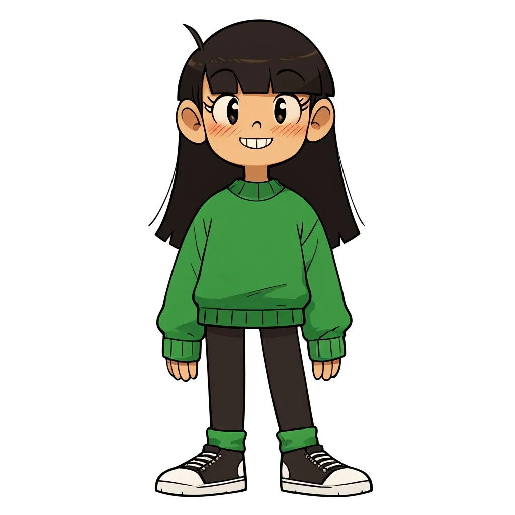 score_9, score_8_up, score_7_up, score_6_up, score_5_up, score_4_up, perfecteyes, 1 girl, petite, standing, numbuh 3, green sweater, smiling, blushing, full body,