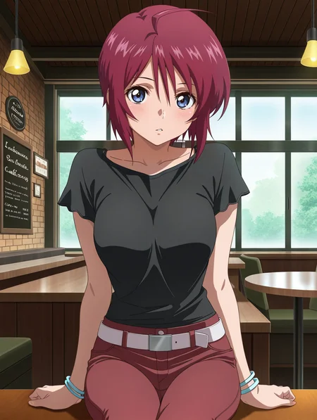 masterpiece,best quality,amazing quality,source_anime,anime coloring,<lora:Lunamaria_Hawke_SEED_Destiny_Illustrious:0.8>,lunamaria,1girl,solo,blue eyes,red hair,short hair,ahoge,bracelet,black shirt,short sleeves,belt,red pants,sitting,indoors,cafe,table,looking_at_viewer,
