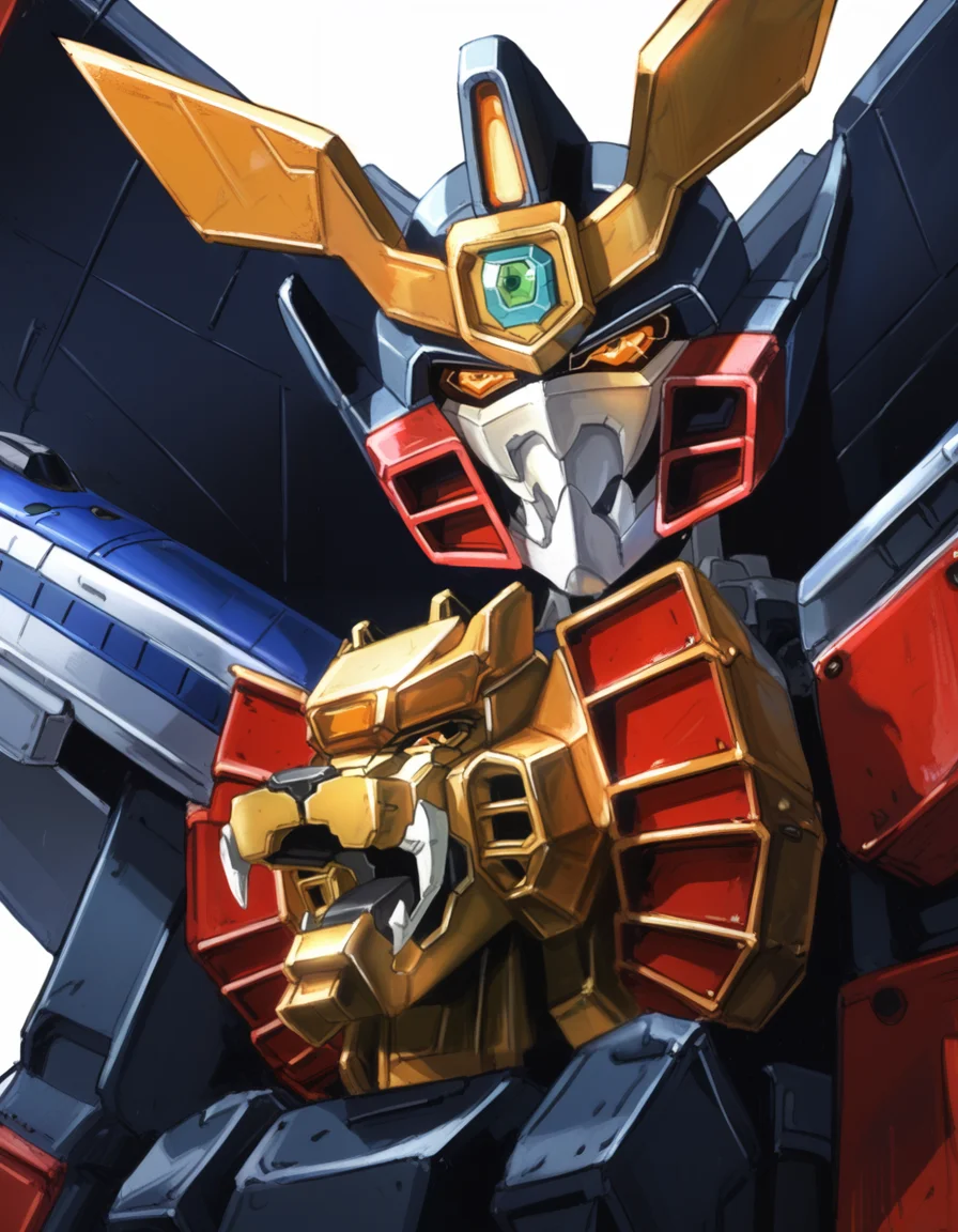 (score_9:0.9),score_8_up,score_7_up,rating_safe,(zPDXL3),(zPDXL),anime_style,
<lora:GaoGaiGar girl ponyXL v1:1>,
((gaogaigar,super robot,no humans)),solo,science fiction,looking at viewer,v-fin,glowing,upper body,closed up,glowing eyes,weapon,white background,