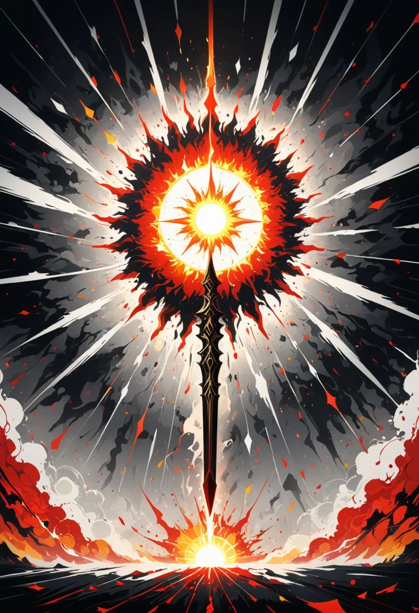 masterpiece, high res, 16K, wallpaper, artstation, pixel perfect, extremely detailed, top quality, best quality, official art, colorful, sun explosion, biblically accurate angel, burning golden spear, wide shot, lights, lines, (minimalism style, abstract expressionism style:1.3), red black white colors