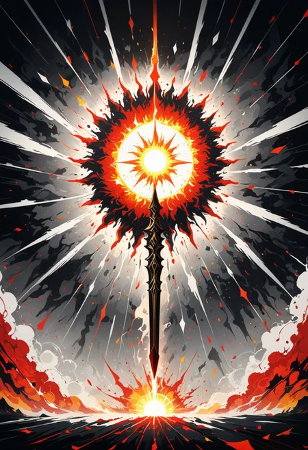 masterpiece, high res, 16K, wallpaper, artstation, pixel perfect, extremely detailed, top quality, best quality, official art, colorful, sun explosion, biblically accurate angel, burning golden spear, wide shot, lights, lines, (minimalism style, abstract expressionism style:1.3), red black white colors