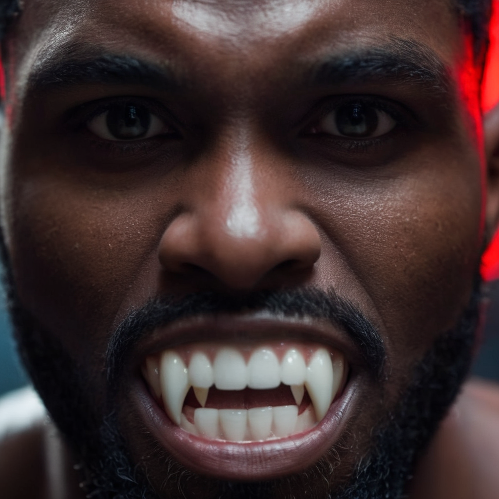 cinematic film still of  <lora:vampire fangs teeth 2:1.2>
A black man with a demon face Vampire Fangs Teeth staring at camera, shallow depth of field, vignette, highly detailed, high budget, bokeh, cinemascope, moody, epic, gorgeous, film grain, grainy