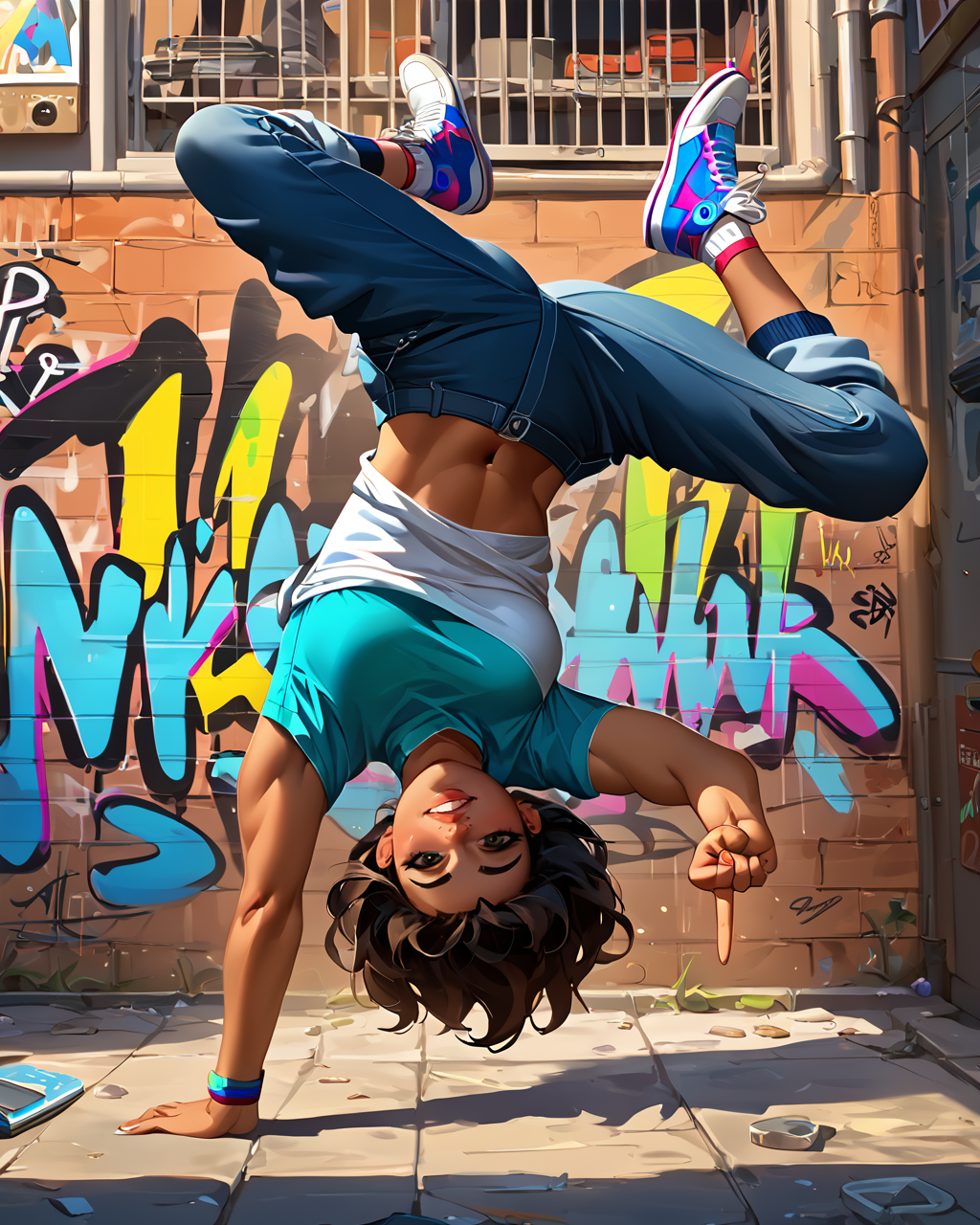 score_9, score_8_up, score_7_up, vibrant color, 1girl, <lora:bdancepxl:0.8>, bdancepxl, doing a handstand, one-handed, breakdance pose, motion,  spread legs, looking at viewer, upside down, shirt falling down, comic book, best quality, masterpiece, alley, hip-hop, graffiti, sneakers,  motion lines, smile, middle finger, gesture, cool outfit,