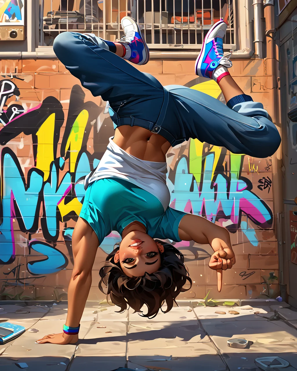score_9, score_8_up, score_7_up, vibrant color, 1girl, <lora:bdancepxl:0.8>, bdancepxl, doing a handstand, one-handed, breakdance pose, motion, spread legs, looking at viewer, upside down, shirt falling down, comic book, best quality, masterpiece, alley, hip-hop, graffiti, sneakers, motion lines, smile, middle finger, gesture, cool outfit,