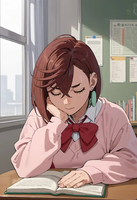 score_9, score_8_up, score_7_up, source_anime, ayase momo, auburn hair, brownish crimson eyes, short hair, 1girl, solo, closed eyes, school uniform, jewelry, bow, earrings, indoors, desk, book, red bow