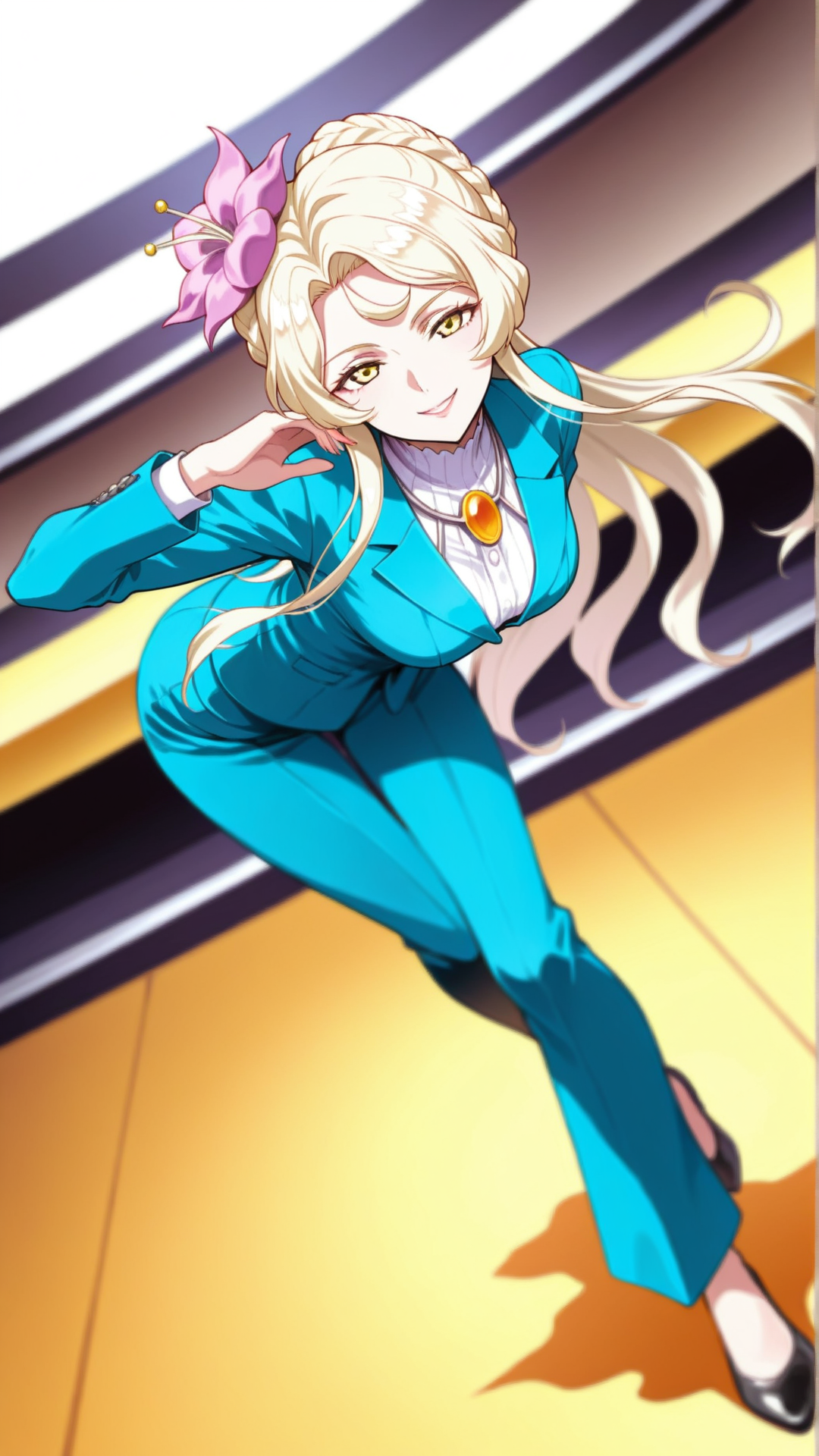 source_anime, general, best quality, masterpiece, 1girl,  <lora:Sasha_ill_v1.0:1> sasha\(scarlet grace\),yellow eyes, long hair, blonde hair,white hair,hair ornament, hair flower, business suit, dynamic pose, dutch angle,happy, seductive smile,   full body,